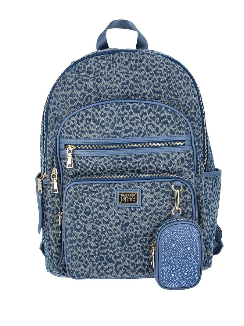 Madden NYC Women's Multi Pocket 17" Dome Backpack, Denim Cheetah