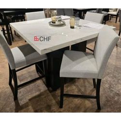 Modern 5 Piece Faux Marble Top Counter Height Dining Table Set 