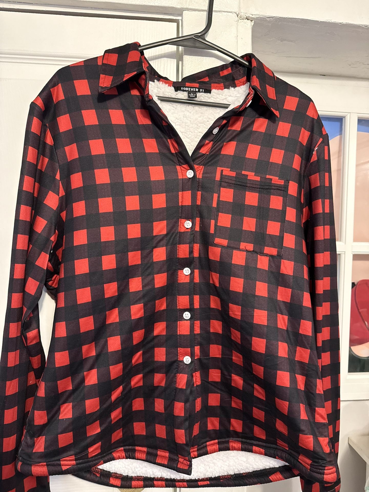 Forever 21 Red and Black Buffalo Plaid Sherpa Lined Shirt