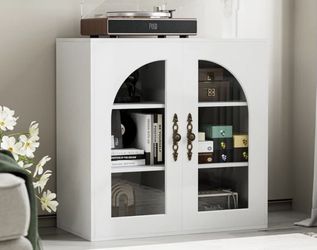 Sideboard Buffet Cabinet Modern Accent Console Cabinet with Arched Glass Doors and Storage,White