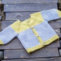 Handmade Crocheted Baby Cardigan / Sweater with Buttons - Yellow and Grey - 9 to 12 months