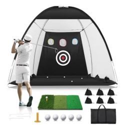 Golf Net: 10x7FT Golf Practice Net for Backyard Driving, Hitting Net with Tri-Turf Mat, Indoor Training Chipping Aic Nets with Reduce Noise Nylon Targ