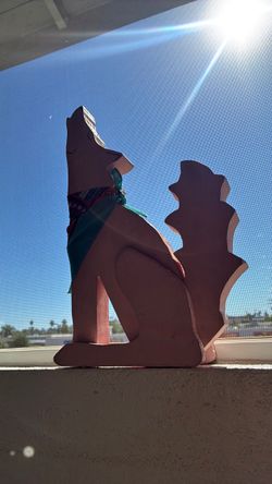 Vintage 80s Southwest Southwestern Howling Wood Coyote Pastel Sculpture Handmade Hand Painted Signed Dated