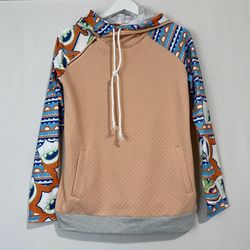 Women’s Casual Funky Print & Textured Pullover Hoodie Sweatshirt Orange NWOT