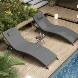 Patio Chaise Lounge Set 3 Pieces Outdoor Lounge Chair Outdoor Wicker Lounge Chairs with Table Folding Chaise Lounger for Poolside Backyard Porch,Grey