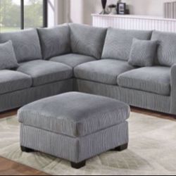 New Gray Or White Corduroy Sectional And Ottoman Sofa Couch 