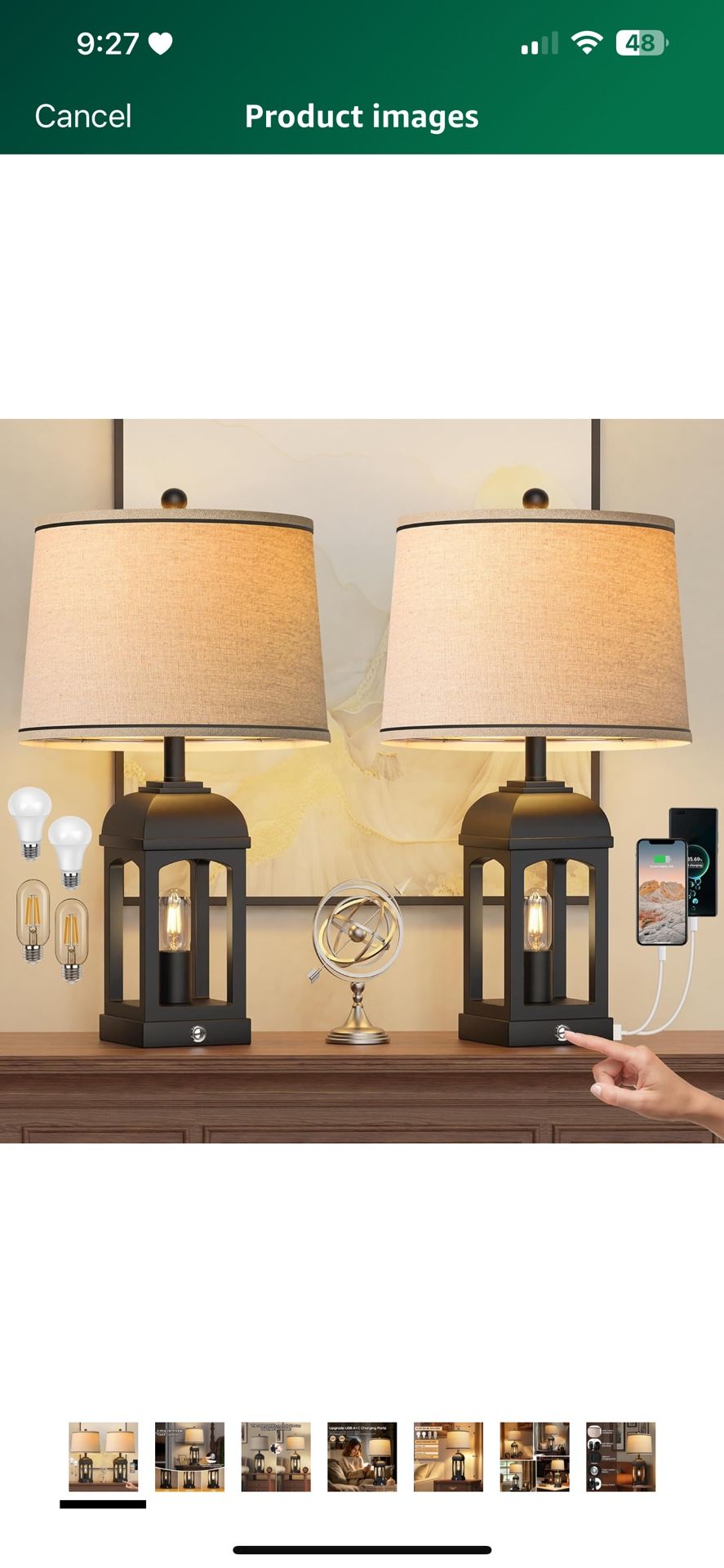 Table Lamp for Living Room, Farmhouse Lamps Set of 2 with USB A+C and Nightlight, 26"