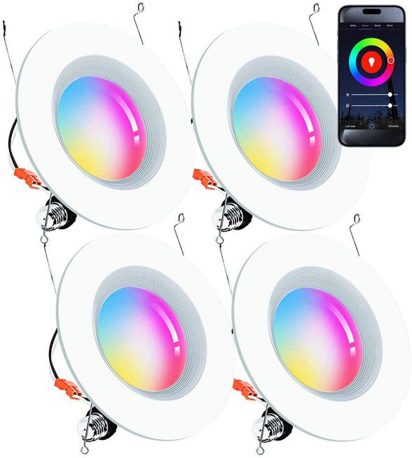 Retro Fit Smart Recessed Ceiling Light 5/6 inch, 15W LED(Equivalent 100W) RGB Control Compatible w Alexa Google APP 2700K - 6500K 5/6inch - 4 Pack