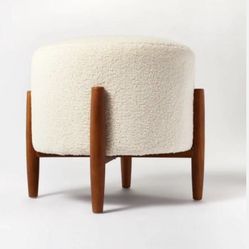 Cream Color Round Ottoman with Wood Legs
