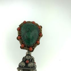 VINTAGE ORNATE STERLING SILVER TURQUOISE CORAL STONE BROOCH PIN SIGNED 20 GRAMS