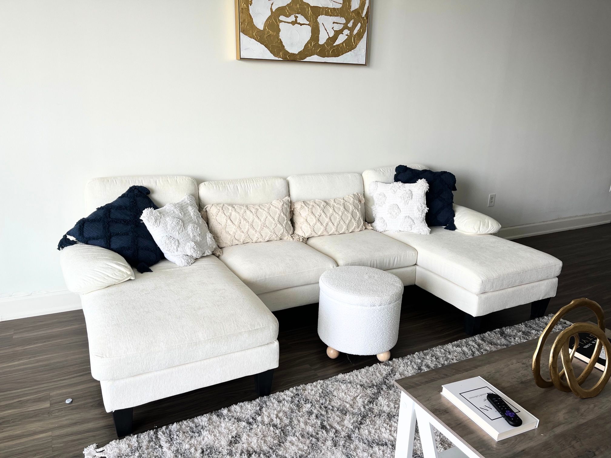 White Double Sectional Sofa + Ottoman & Throw Pillows