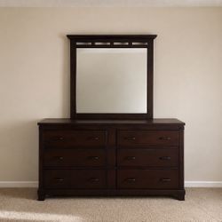 Dark Wood 6 Drawer Dresser + Mirror – Great Condition