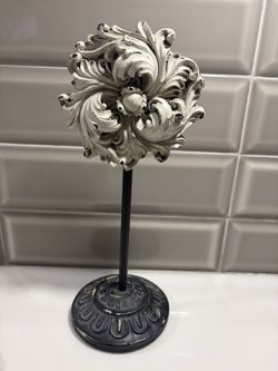 9” distressed white grey black scroll pinwheel home decoration on stand