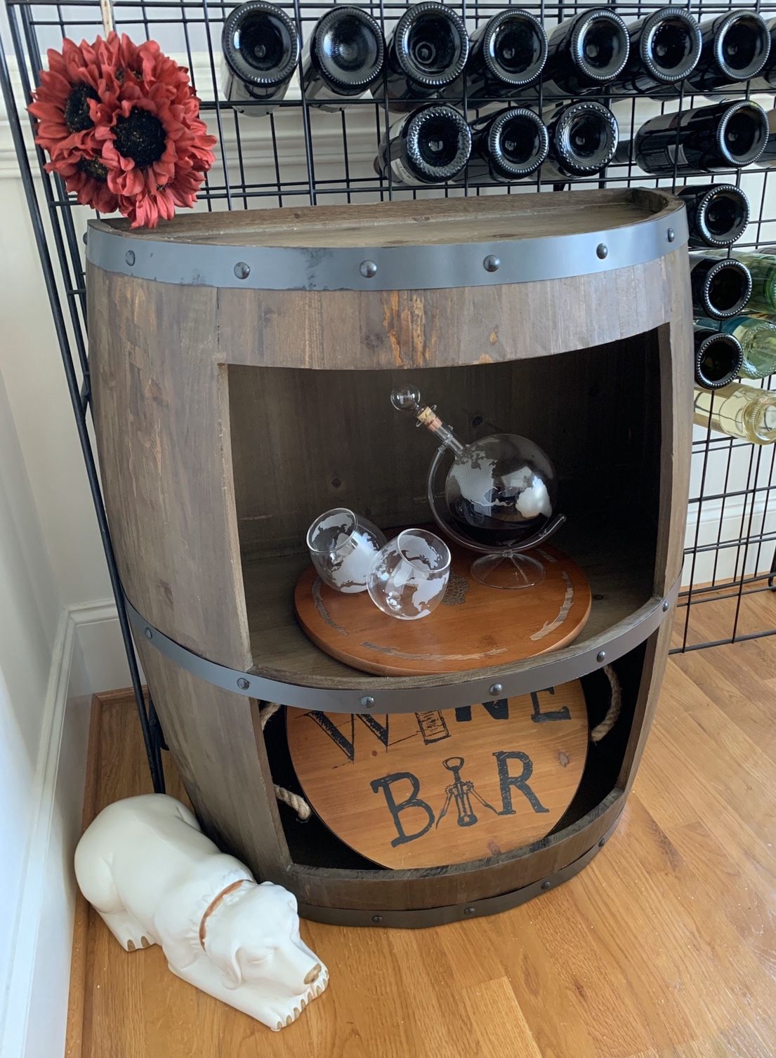 1/2 Wine Barrel Wooden Storage Cabinet with 3 shelves and a flat back - wine bar