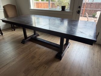 Large Dark Wood Trestle Dining Table with chairs (4)
