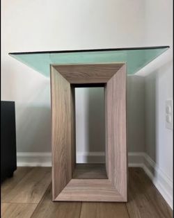 Modern Glass Top Side Table with Wood Base