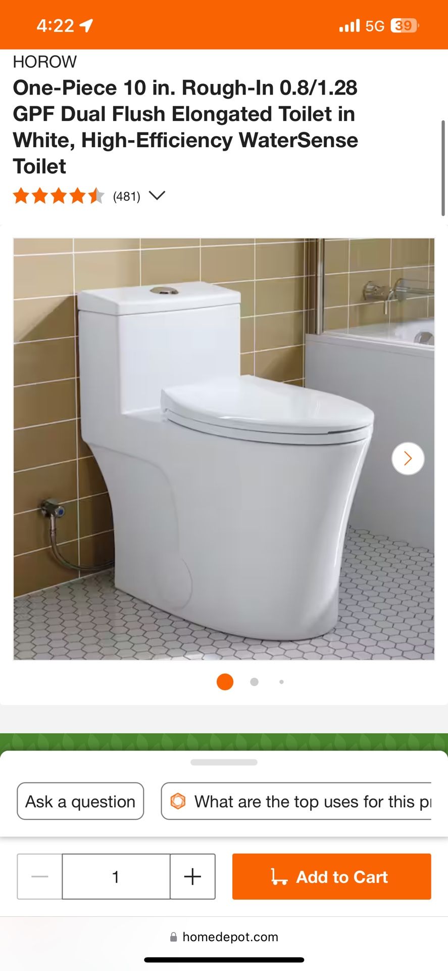 HOROW One-Piece 10 in. Rough-In 0.8/1.28 GPF Dual Flush Elongated Toilet in White, High-Efficiency WaterSense Toilet