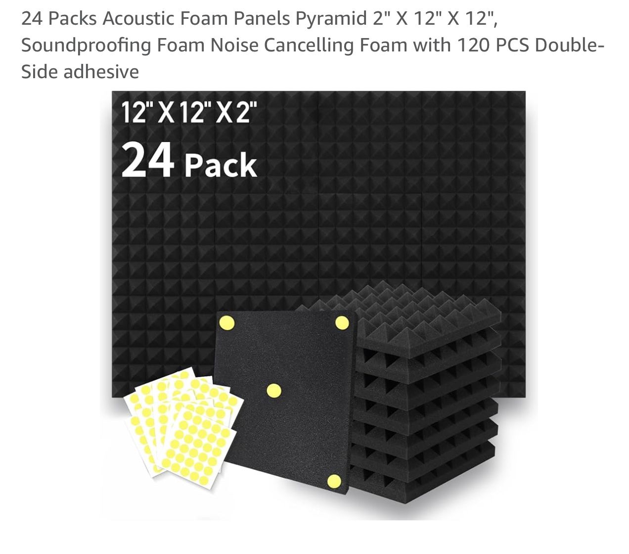 24 Packs Acoustic Foam Panels Pyramid 2" X 12" X 12", Soundproofing Foam Noise Cancelling Foam with 120 PCS Double-Side adhesive