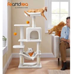 Cat Tree, 44.1-Inch Cat Tower for Indoor Cats, Multi-Level Cat Condo with 4 Scratching Posts, 2 Perches, Hammock, Cave, Cream White UPCT26