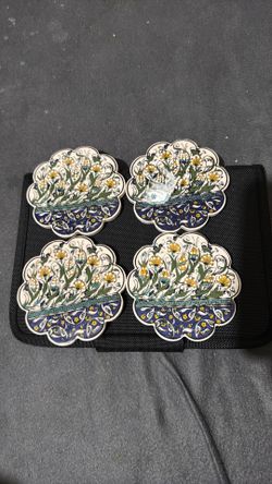 Hand Painted Nakkas Ceramic Floral Coaster Set Of 4 Made In Turkey