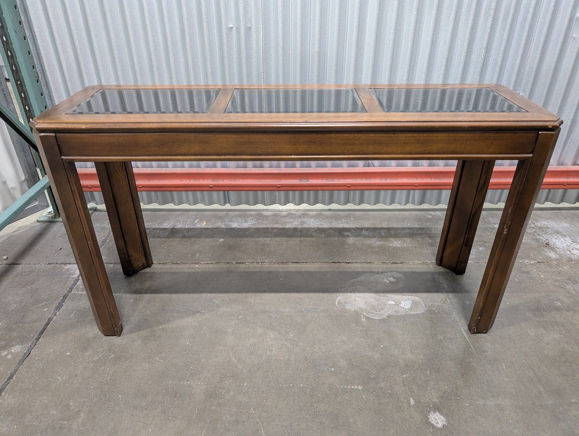 Brown Wood Console Table with Three Glass Panels