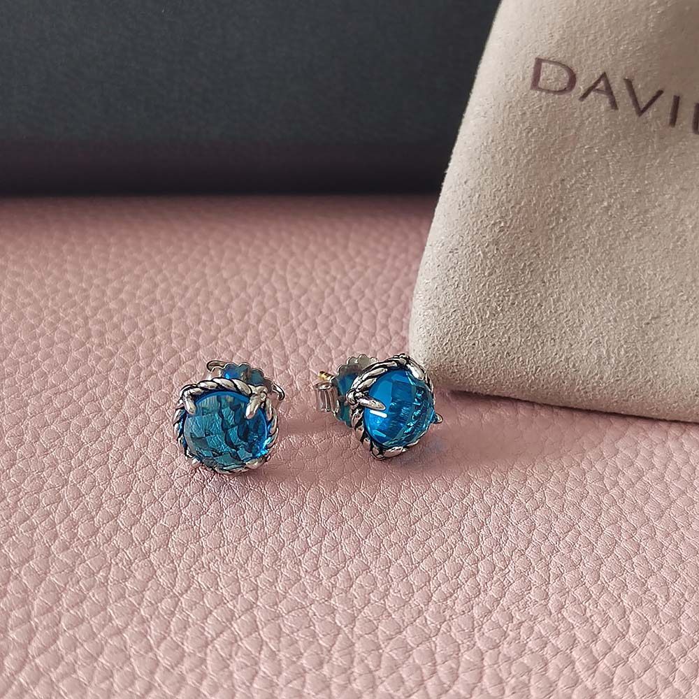 David Yurman Stud Earrings in Sterling Silver with Blue Topaz