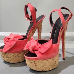 Guiseppe Zanotti Pink Suede Bow Peeptoe Platform Heels 8