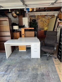 Like NEW White laminate wood office / student / writing desk $75,  executive office chair $10