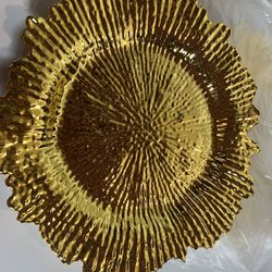 Gold Charger Plates, Plate Chargers with Flora Reef Design, Plastic Round Ruffled Rim Dinner Charger Plates for Dinner Wedding Party Decoration