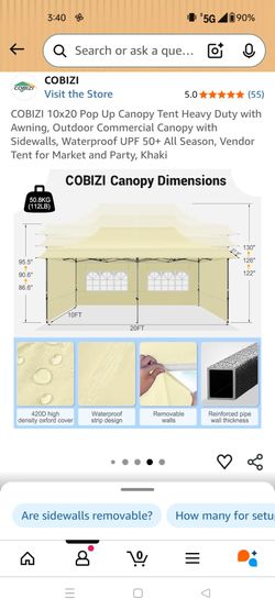 10 ft x 20 ft pop-up canopy tent with three walls