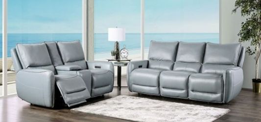 Brand New Pale Blue Zero Gravity Power Reclining Sofa & Loveseat