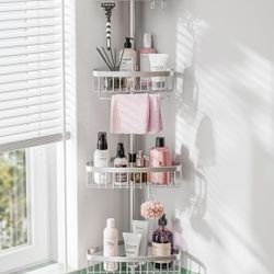 Corner Shower Caddy Tension Pole: Adjustable Rustproof 4-Tier Inside Bathroom Organizer - 47-121 inch Quick Installation Bathtub Shelves for Shampoo S