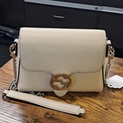 GUCCI Interlocking G Chain Shoulder White Leather Bag H