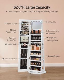 LED Mirror Jewelry Cabinet Standing, Adjustable Lights, Lockable Jewelry Armoire with Full-Length Mirror, Mirror with Jewelry Storage, Gift Idea, Whit