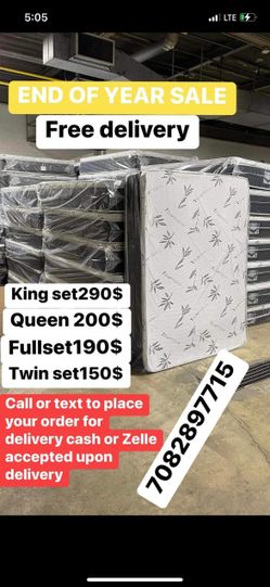 Huge sale for Mattress And Box Twin size mattress and box 150.$ full 190$ Queen 200$ king 290$. free delivery free set up 708….280….7715… cash or Zell