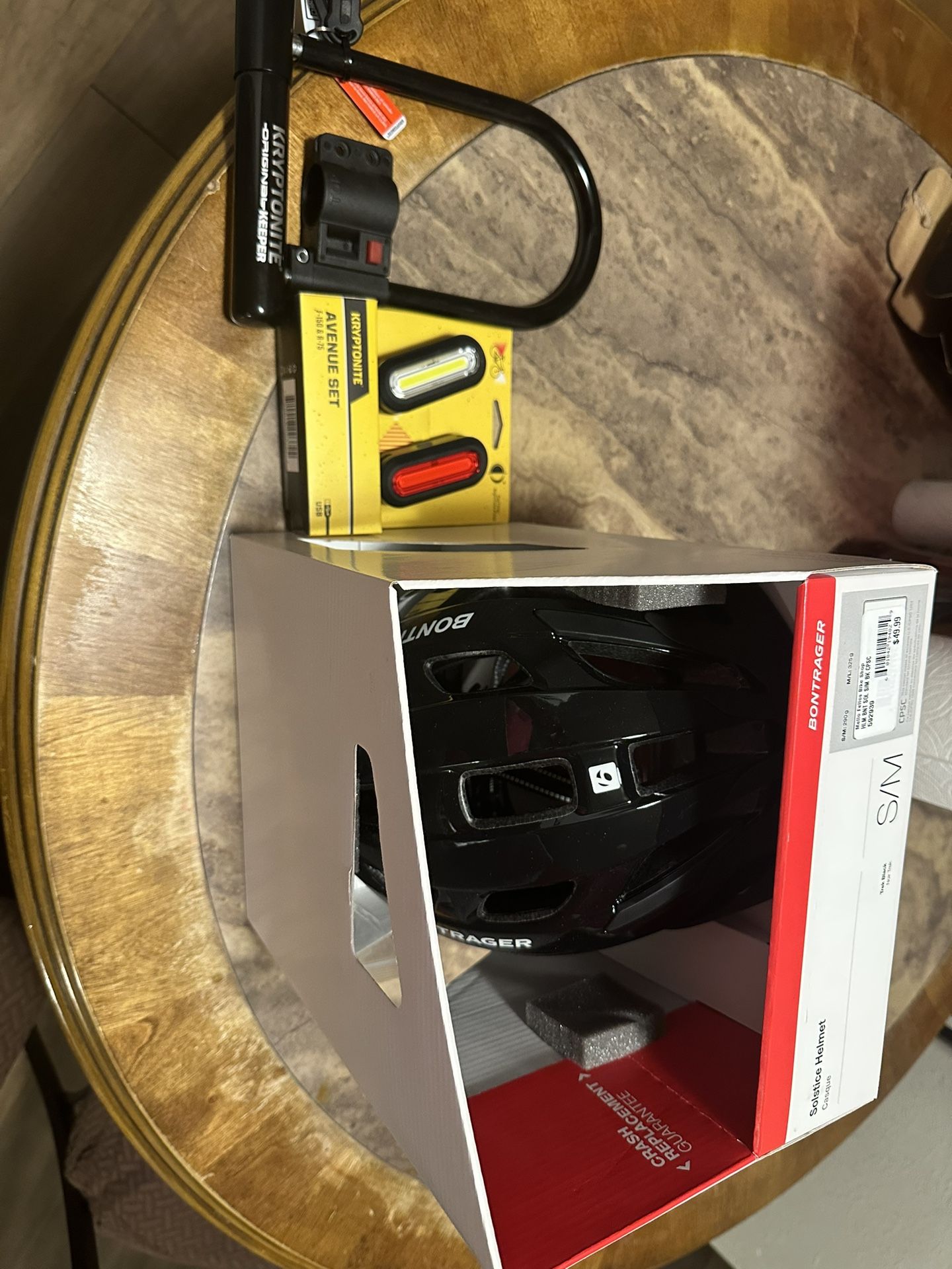 Bike Lock, Bike Lights, And Bike Helmet.