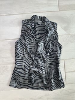 Silk Gray Black Zebra Animal print Ruffled Women Top Blouse Size 0 Petite / XS P