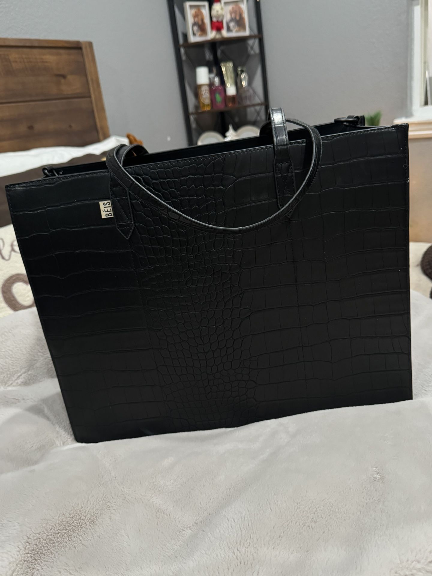 Beis “The Large Work Tote” Black Croc Print 