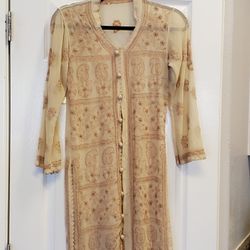 Sheer Long Shirt Dress Hand Embroidered Size XS