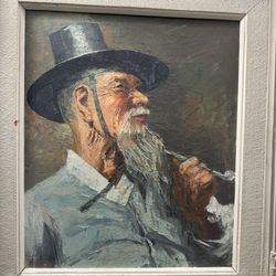 Cool Asian Man Smoking A Pipe Oil On Canvas Painting Signed