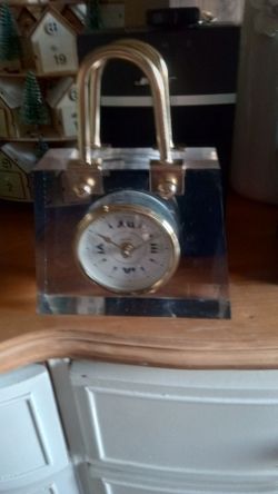 Vintage Crystal Padlock Desk Clock Brass Tone in Hollywood Regency Style