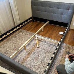 Queen Gray Upholstered Headboard and Bed frame 