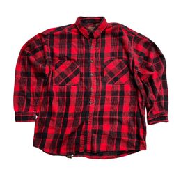 St John's Bay Heavyweight Distressed Flannel Shirt - Long Sleeve - Red/Black Checkered Plaid - XL