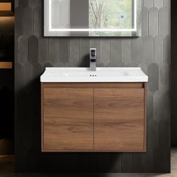 30-inch wall-mounted bathroom cabinet, walnut color, sink not included.