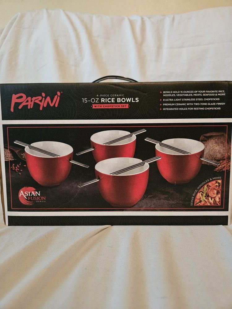 PARINI ASIAN FUSION 15oz RICE BOWLS AND METAL CHOP STICKS
