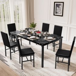 7 Piece Dining Table Set for 6, Faux Marble Kitchen Table with 6 PU Leather Chairs, Modern Dining Room Table Set for Small Space, Living Room