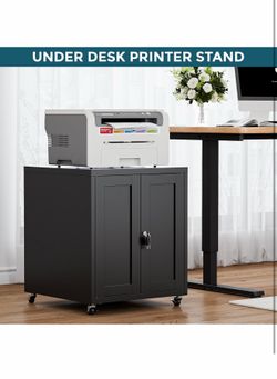Large Printer Stand with Storage and Lock, 3D Heavy-Duty Printer Cabinet, Printer Table for Home Office with Doors and Adjustable Shelves, for Office 