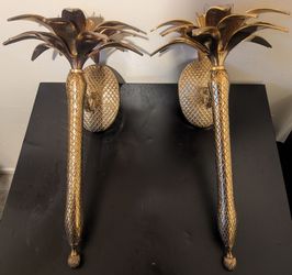 PAIR OF SOLID BRASS PINEAPPLE PALM TREE CANDLE WALL SCONCES HOLLYWOOD REGENCY STYLE 16 INCHES LIKE NEW
