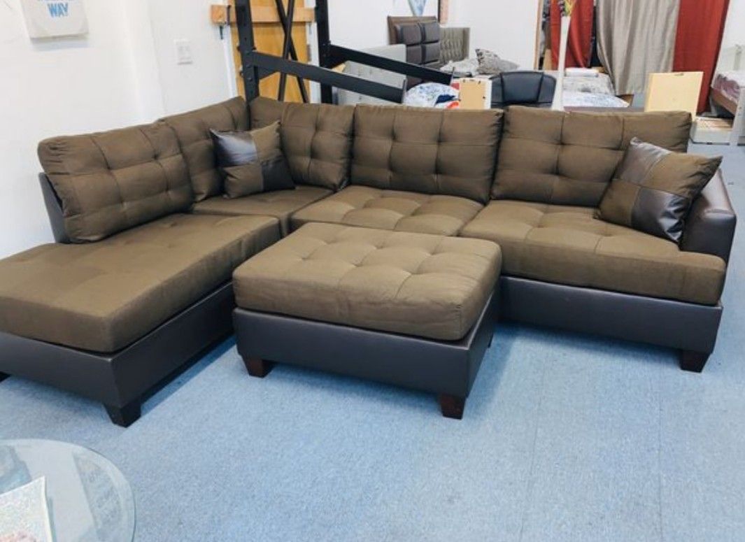 Brand New Brown Fabric Sectional Sofa Couch +Ottoman (New In Box)