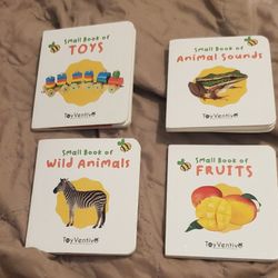 4 SMALL BOOKS OF.  Animal sounds.  Toys,  Wild  Animals.  Fruits.